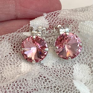 Clip On Premium Crystal 12mm Rivoli Earring Light Rose Pink Crystal Shiny Silver Toned Setting