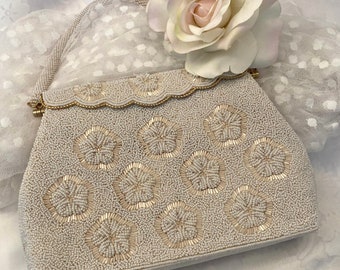 Bridal Bag Hand Beaded In Hong Kong White Beaded Flowers Gold Tone Frame Beaded Strap Satin Lining Very Good/Excellent Vintage Condition