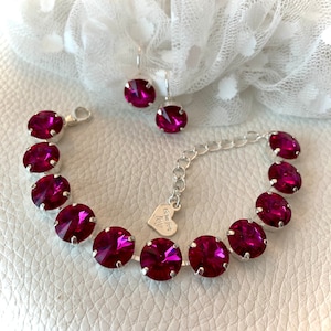 Value Set Bracelet & Earrings Premium Crystal Fuchsia Pink 12mm Rivoli Bracelet Lever Backs Silver Tone Setting