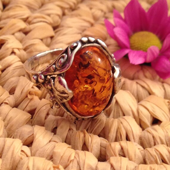 Amber Oval Solitaire Ring Gingko Leaf&Vine Design… - image 5