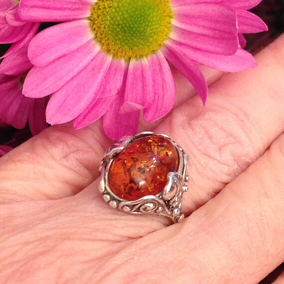 Amber Oval Solitaire Ring Gingko Leaf&Vine Design… - image 1