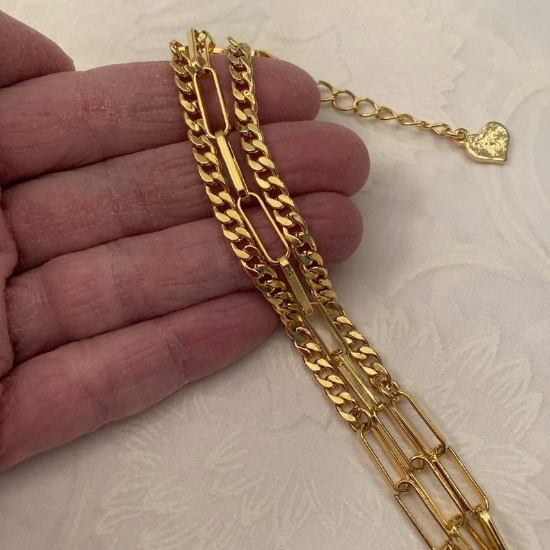 Paper Clip and Flat Gourmet Triple Layered Chain Bracelet Gold Plated Chain Bracelet Shiny Gold Finish Adjusts 7 1/4 to 8 1/4 Inches image 4