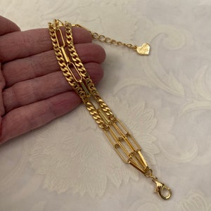 Paper Clip and Flat Gourmet Triple Layered Chain Bracelet Gold Plated Chain Bracelet Shiny Gold Finish Adjusts 7 1/4 to 8 1/4 Inches image 9