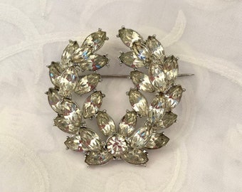 Vintage Brooch Laurel Wreath Two Tiered Clear Rhinestones Marquis Shaped Stones Shiny Silver Toned Setting Elegant Brooch Vintage Velvet Box