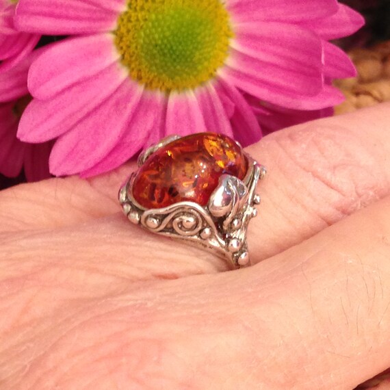 Amber Oval Solitaire Ring Gingko Leaf&Vine Design… - image 2