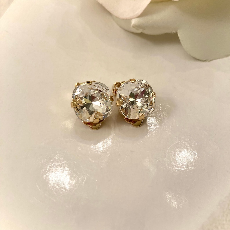 Clip On Gold Clear Premium Crystal Cushion Cut 12mm Square Earrings Shiny Gold Tone Setting Gorgeous Facets Beauty image 7