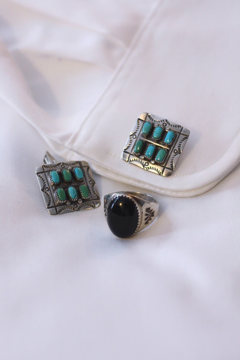 Turquoise Cufflinks Zuni Artisan Signed MFC Maryann/&Felix Chavez Sterling Oval Stones Sunray Symbols Vintage Southwest Classic Statement