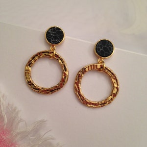 Gold Dangling Hoop Earrings High Polished Hammered Gold Plated Finish Round Flat Black Marble Studs Gold Plated Modern Statement Earring