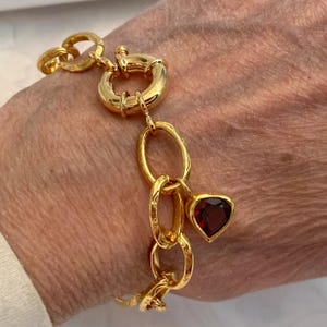 Chunky Chain Garnet Heart Charm Bracelet AAA Gemstone 18K Gold Plated Over Sterling Silver Setting Links 18K Gold Plated Iron Easy Clasp