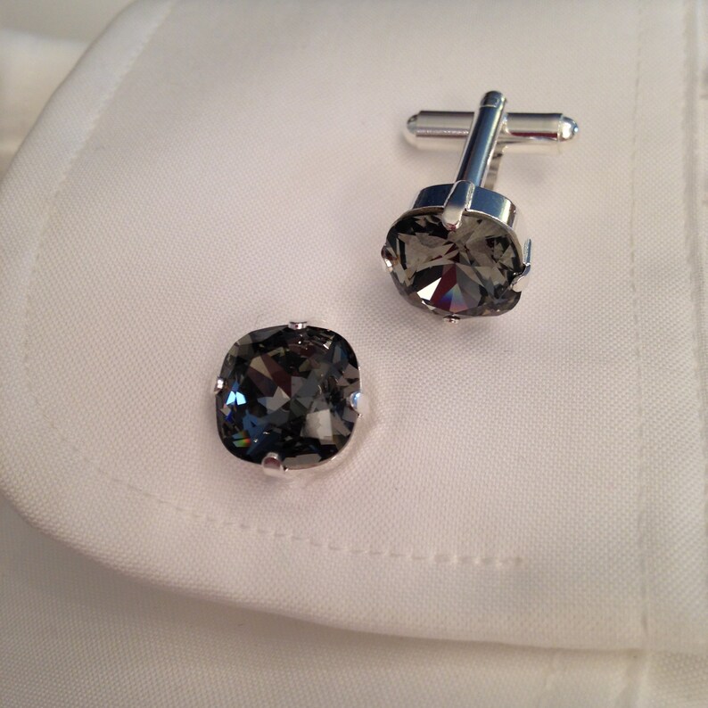 Mens Cufflinks Premium Crystal Cushion Cut 12mm Black Diamond Etsy