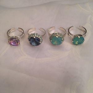 Rings Premium Crystal Denim Blue/PacificOpal 12mm Square Cushion Halo or Single Square or VitrailLt 12mm Round Adjusts Silver Tone Setting image 7