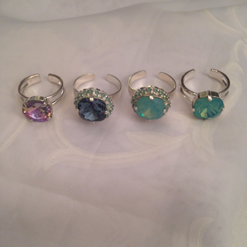 Rings Premium Crystal Denim Blue/PacificOpal 12mm Square Cushion Halo or Single Square or VitrailLt 12mm Round Adjusts Silver Tone Setting image 7