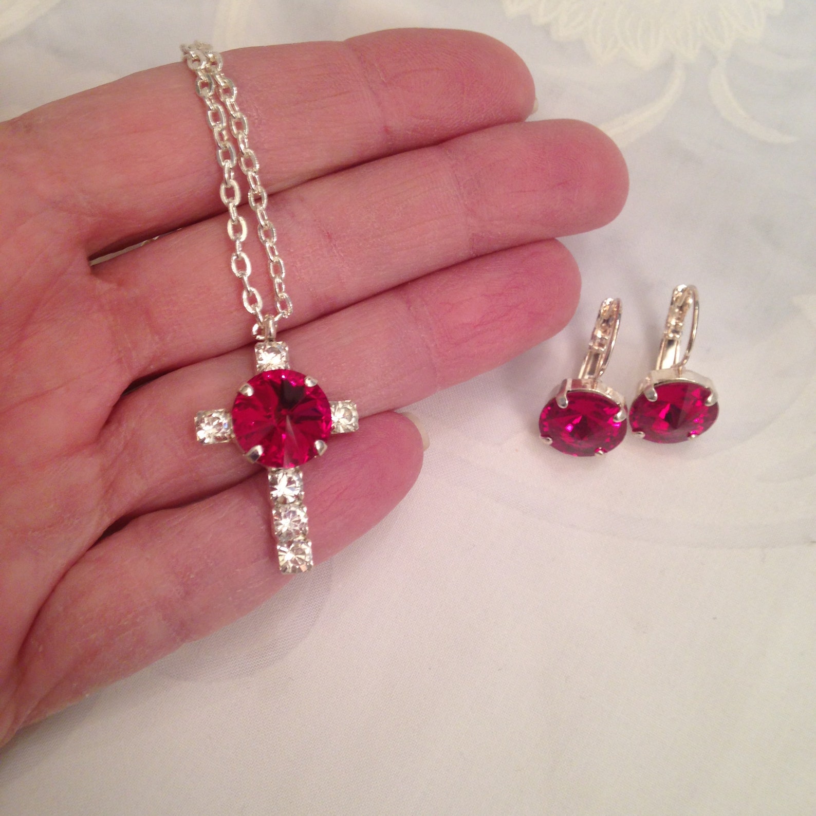 Premium Crystal Cross&earrings Set Red Rivoli Center Clear Etsy