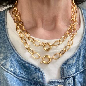 Chunky Chain Necklace Oval 18 Karat Gold Plated Iron Links Easy Clasp Wear Alone or Hang Pendants With Enhancers Choose 16 or 18 Inch Length