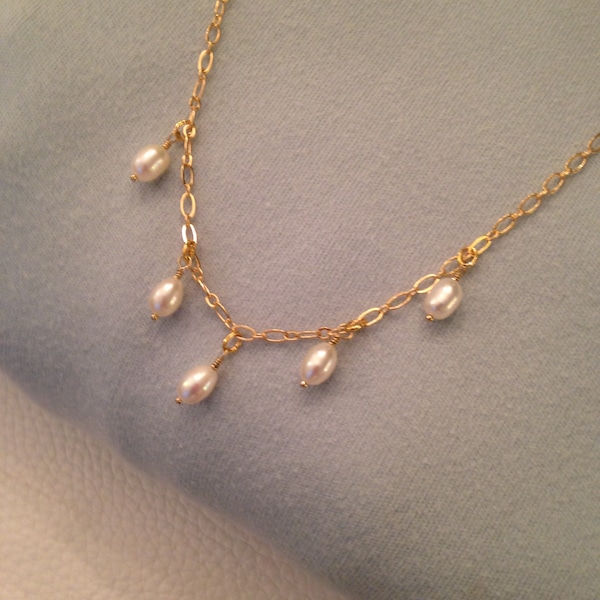 Dainty Fresh Water Pearl & Gold Plated Chain Necklace Oval Links Hand Wrapped Pearl Dangles Minimalist Perfect For Layering Adjusts 16-18 In