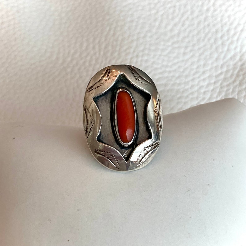 Red Coral Navajo Shadow Box Ring Oval Coral Stone Hand Stamped - Etsy