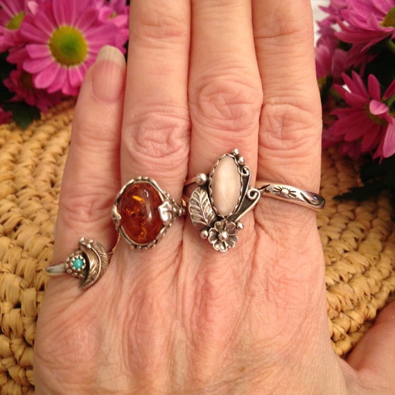 Amber Oval Solitaire Ring Gingko Leaf&Vine Design… - image 6