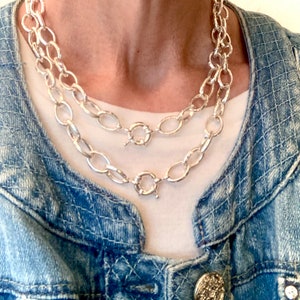 Chunky Chain Necklace Oval Silver Plated Iron Links Easy Open Clasp Wear Alone or Hang Pendants With Enhancers Choose 16 or 18 Inch Length