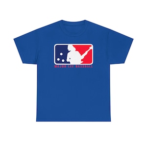 May include: A royal blue t-shirt with a white graphic of a baseball logo. The logo features a silhouette of a person playing a guitar with the text "Major Lee Baseball".