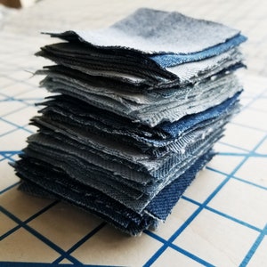 Denim Jean Squares~2.5&quot;x2.5&quot;~Pack of 50~Clean Recycled Jeans Denim~Quilting, Applique, Sewing, Patches, Coasters, Trivets, Crafts