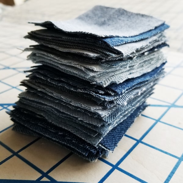 Denim Jean Squares~2.5"x2.5"~Pack of 50~Clean Recycled Jeans Denim~Quilting, Applique, Sewing, Patches, Coasters, Trivets, Crafts