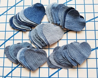 50 Hand Cut, Sew-On Small Denim Hearts~2.5" X 2.25" Clean Recycled Denim~Perfect for Appliques, Crafting, Patches, Scrapbooking, Quilts,