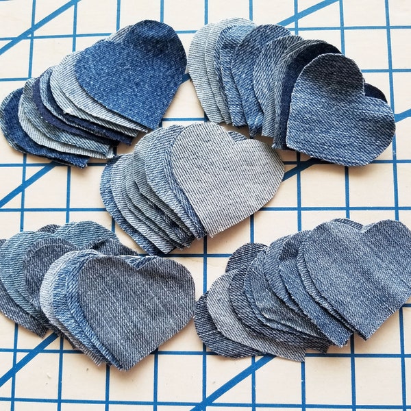 50 Hand Cut, Sew-On Small Denim Hearts~2.5" X 2.25" Clean Recycled Denim~Perfect for Appliques, Crafting, Patches, Scrapbooking, Quilts,