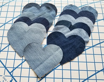 Bakers&#39; Dozen~13 Sew On Denim Hearts~5&quot; x 4.25&quot;~Clean Upcycled/Repurposed ~ Light & Dark ~ Quilting~Sewing~Patches~Crafts~Hand Cut~Applique