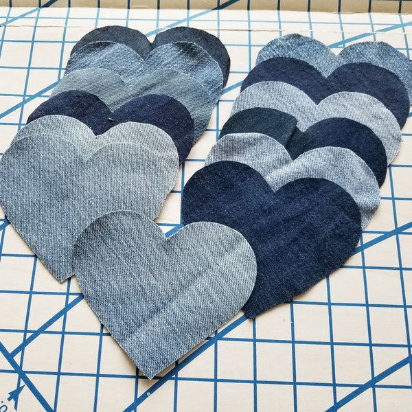 Bakers' Dozen~13 Sew On Denim Hearts~5" x 4.25"~Clean Upcycled/Repurposed ~ Light & Dark ~ Quilting~Sewing~Patches~Crafts~Hand Cut~Applique