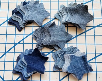 50 Hand Cut Sew-On Small Denim Stars~3&quot; x 2.875&quot;~Clean Recycled Jean Denim~Light/Dark~for Appliques, Crafting, Patches, Decorating, Journals