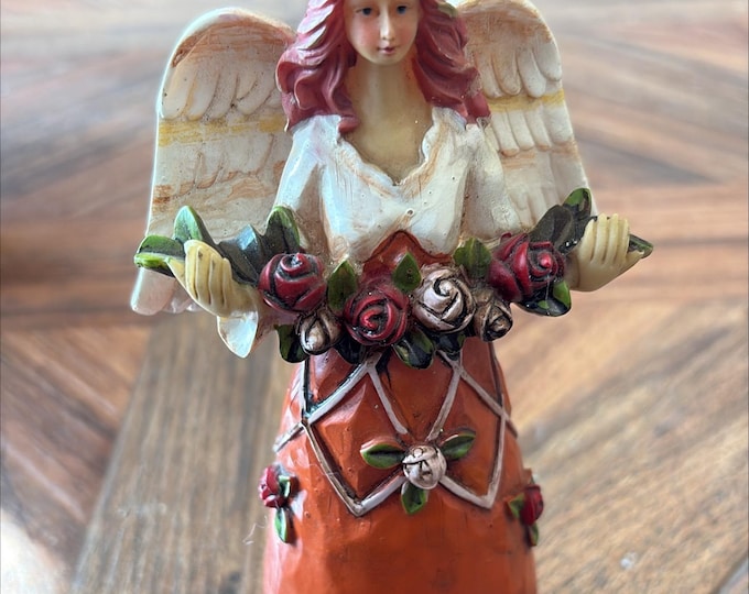 Handcrafted Angel Figurine with Roses Rustic Folk Art Christmas Decoration