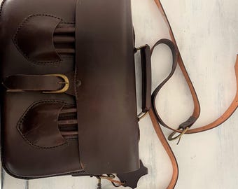 Handmade leather shoulder satchel, 3 divisions plus a small front pouch in very good condition 11 by 9 inches