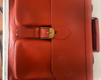 Handmade red leather satchel, 4 divisions plus two small front pouch in excellent condition