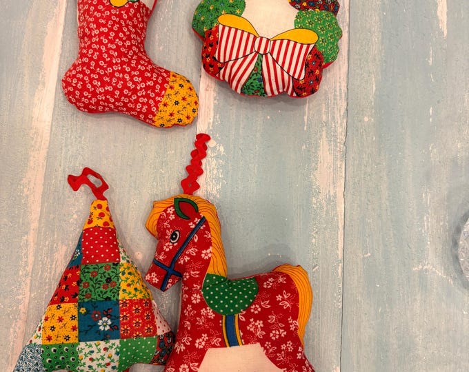 Vintage Fabric Christmas Ornaments Set — Patchwork Horse, Tree, Wreath & Stocking