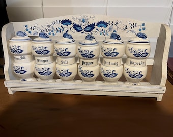 Vintage Japan "Blue Onion" Porcelain Spice Shakers and rack
