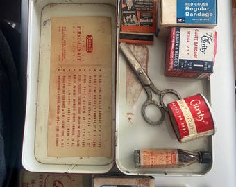 Vintage bundle Rexal First Aid Kit, Stainless steel lockable nail cutter, Stainless steel engraved forceps and more