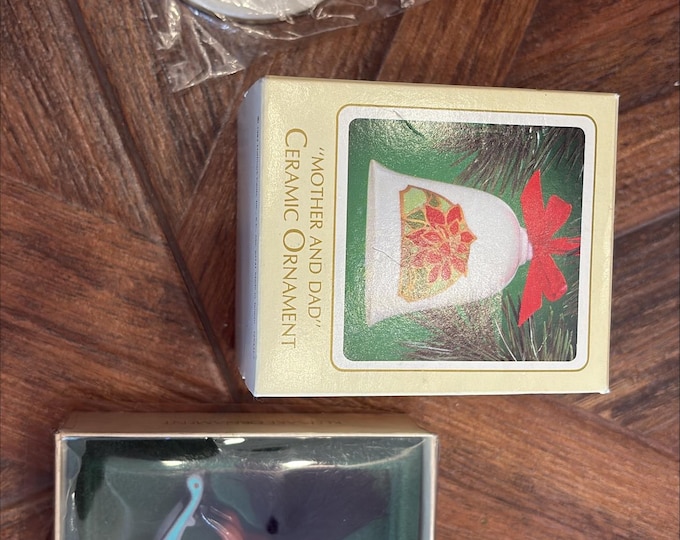 Vintage Christmas Ornament Trio — Rocking Horse, Bell, and Merry Christmas Disc