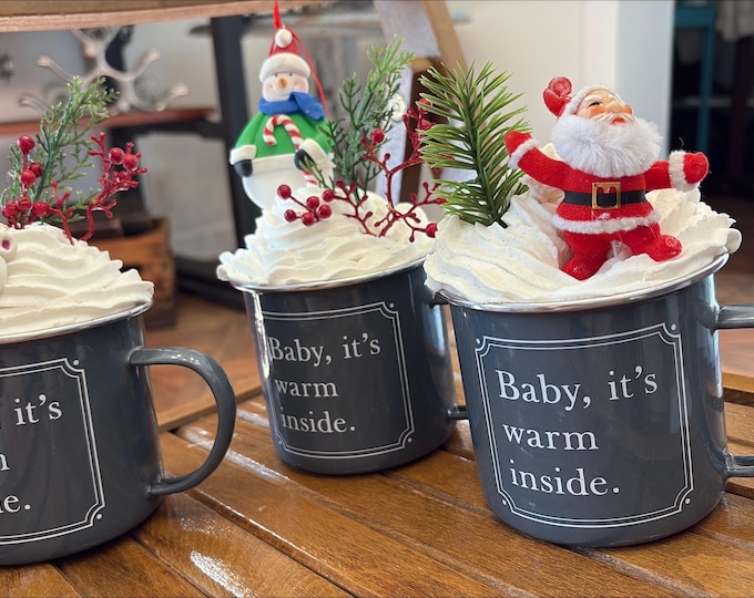 Baby It’s Warm Inside Mug Decor | Faux Cocoa | Santa, Snowman & Bear Christmas Cup