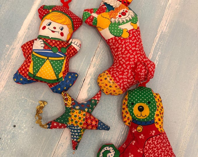 Vintage Fabric Christmas Ornaments Set — Patchwork Clown, Dog, Star & Drummer Boy
