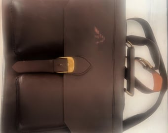 Handmade brown leather satchel, 4 divisions plus two small front pouch in excellent condition