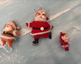 Vintage Santa and Elf Christmas Ornaments (Set of 3)