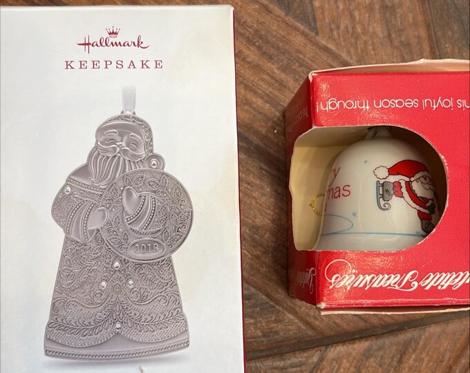Hallmark Keepsake Santa & Christmas Bell Ornament Set — Vintage Holiday Pair