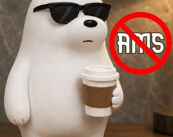 May include: A white bear figurine wearing black sunglasses and holding a white coffee cup with a brown sleeve. A red circle with a diagonal line overlays the text AMS in white, positioned to the right of the bear's head.