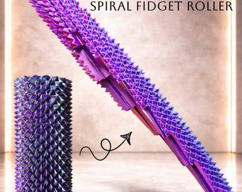 May include: A purple and blue gradient spiky sensory twisty spiral fidget roller. The text reads SPIKY SENSORY TWISTY SPIRAL FIDGET ROLLER and GROWS 5"-> 17" IN SIZE! The object is shown in a collapsed cylindrical form and an extended state.