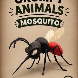 May include: A poster featuring a black and red mosquito figurine with a grumpy expression. The text reads GRUMPY ANIMALS, MOSQUITO, and AMS inside a circle with a line through it. The background is a solid light tan color.