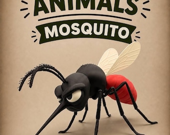 May include: A poster featuring a black and red mosquito figurine with a grumpy expression. The text reads GRUMPY ANIMALS, MOSQUITO, and AMS inside a circle with a line through it. The background is a solid light tan color.