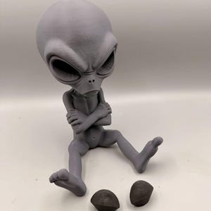 May include: A gray 3D printed figurine of an alien with a large head and deep-set eyes, sitting with arms crossed over its chest. Two small, separate dark gray, rounded, cone-shaped objects are positioned on the surface in front of the figure.