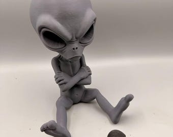 May include: A gray 3D printed figurine of an alien with a large head and deep-set eyes, sitting with arms crossed over its chest. Two small, separate dark gray, rounded, cone-shaped objects are positioned on the surface in front of the figure.