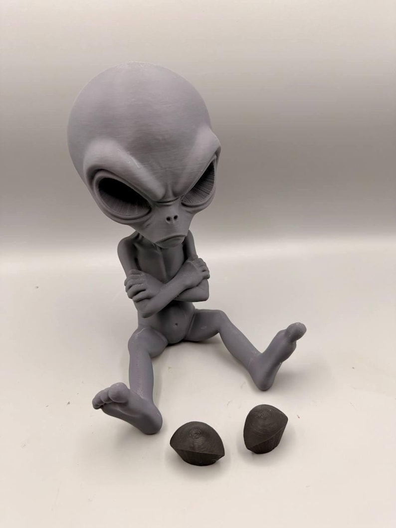 May include: A gray 3D printed figurine of an alien with a large head and deep-set eyes, sitting with arms crossed over its chest. Two small, separate dark gray, rounded, cone-shaped objects are positioned on the surface in front of the figure.