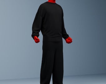 May include: A full-body costume featuring a red mask with large white eye lenses, a solid black long-sleeve crewneck sweater, matching black trousers, red gloves, and white sneakers. The ensemble creates a cohesive look with vibrant red accents.